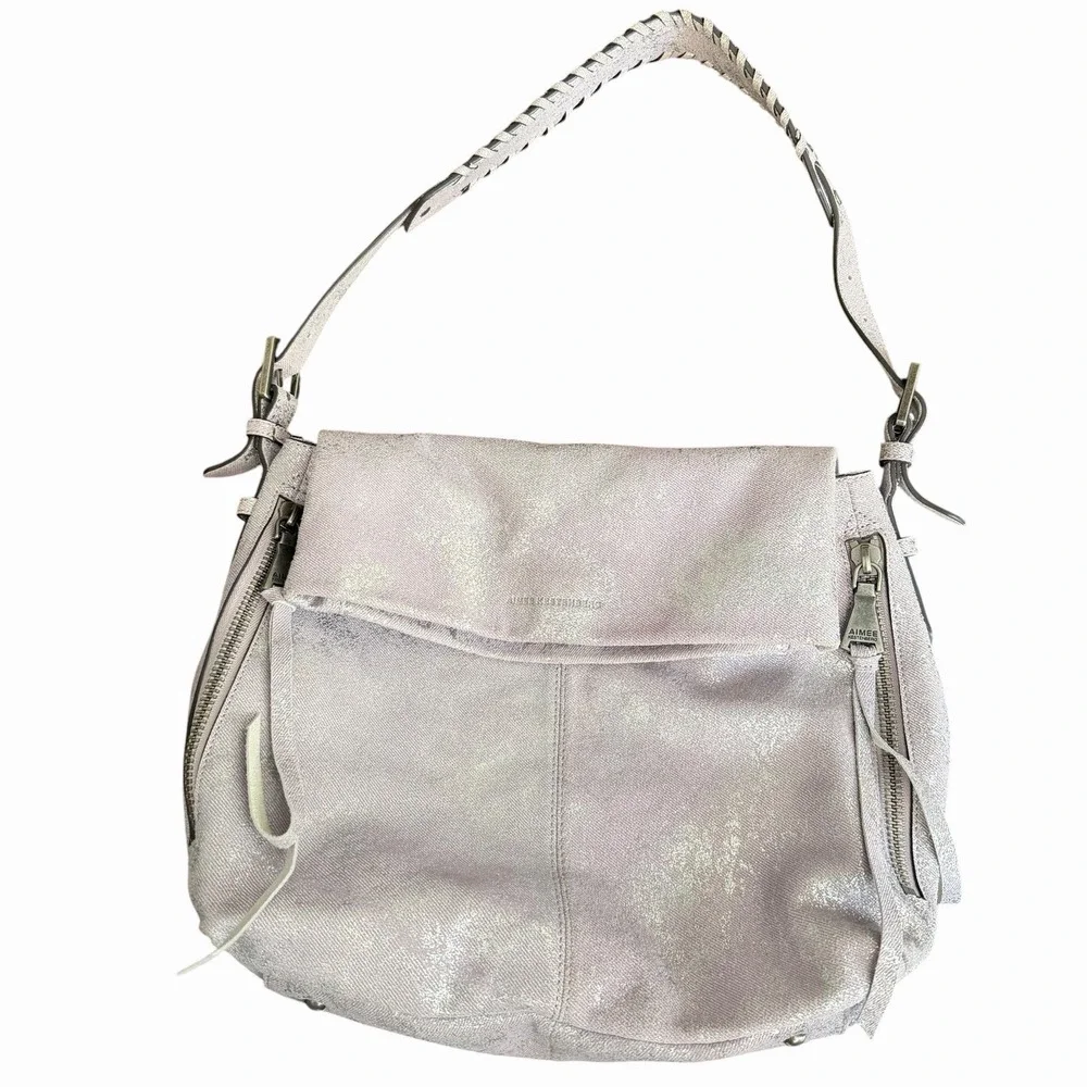 Aimee Kestenberg Bali Hobo Bag Purse Double Entry Lamb Leather Lavender Denim